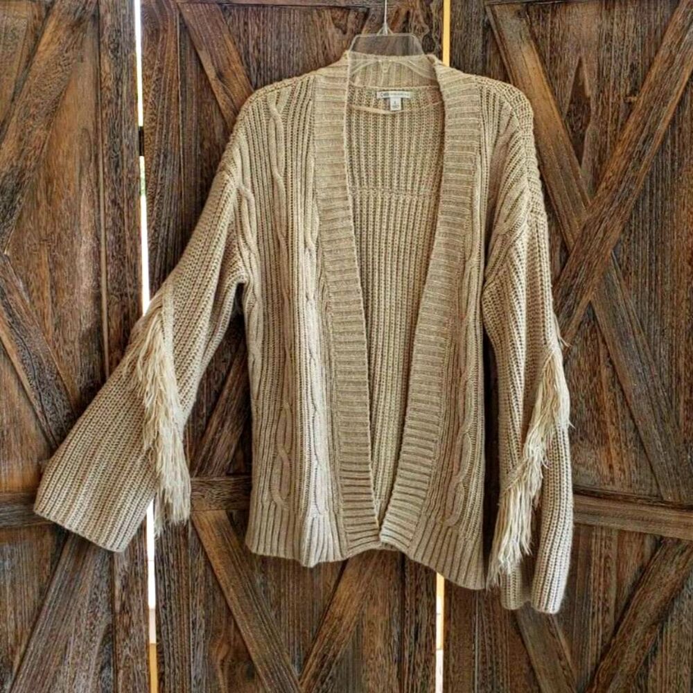 Cato Fringed Cardigan Size L Oatmeal Cable & Ribbed Chunky Knit Boho Weatern